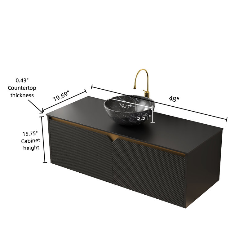 Meuble-lavabo flottant moderne de 48 po avec plateau en pierre frittée noire, portes en sergé géométrique avec garniture en métal, 4 options d'évier de vasque (noir)