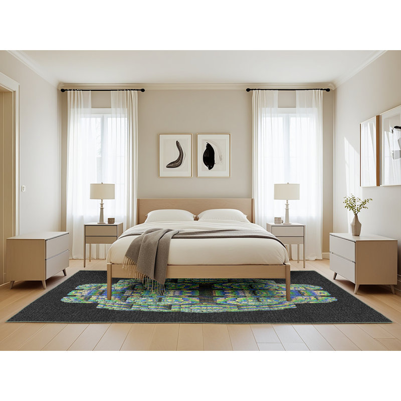 Tapis noir/vert tissé à la machine, Rectangle 5 pi x 8 pi