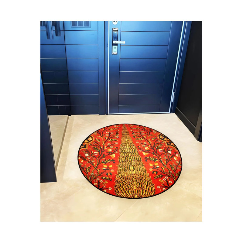 Red Themed Floral Motifs Patterned Round Woven Base Vintage Decorative Carpet, Round 4'