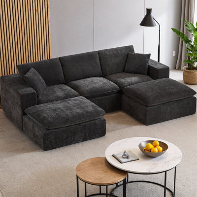 Canapé modulaire en U avec 2 repose-pieds, canapé en chenille 5 places librement combinable pour le salon, l’appartement et le bureau, mousse haute densité et confort printanier