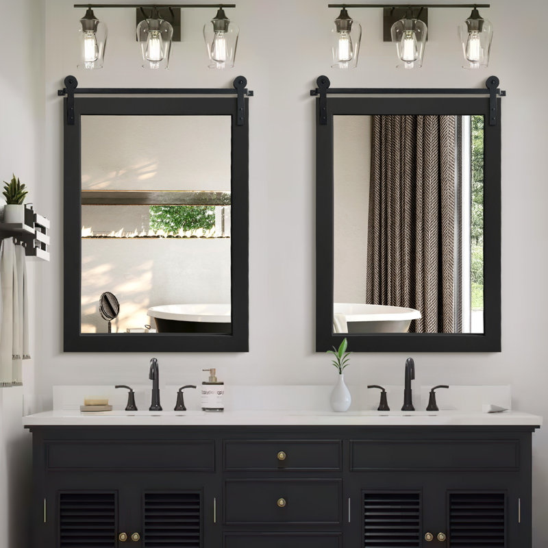 Rectangle Solid Wood Frame Farmhouse Accent Mirror Wall Mirror for Bathroom Living Room, 22" x 30" , Black