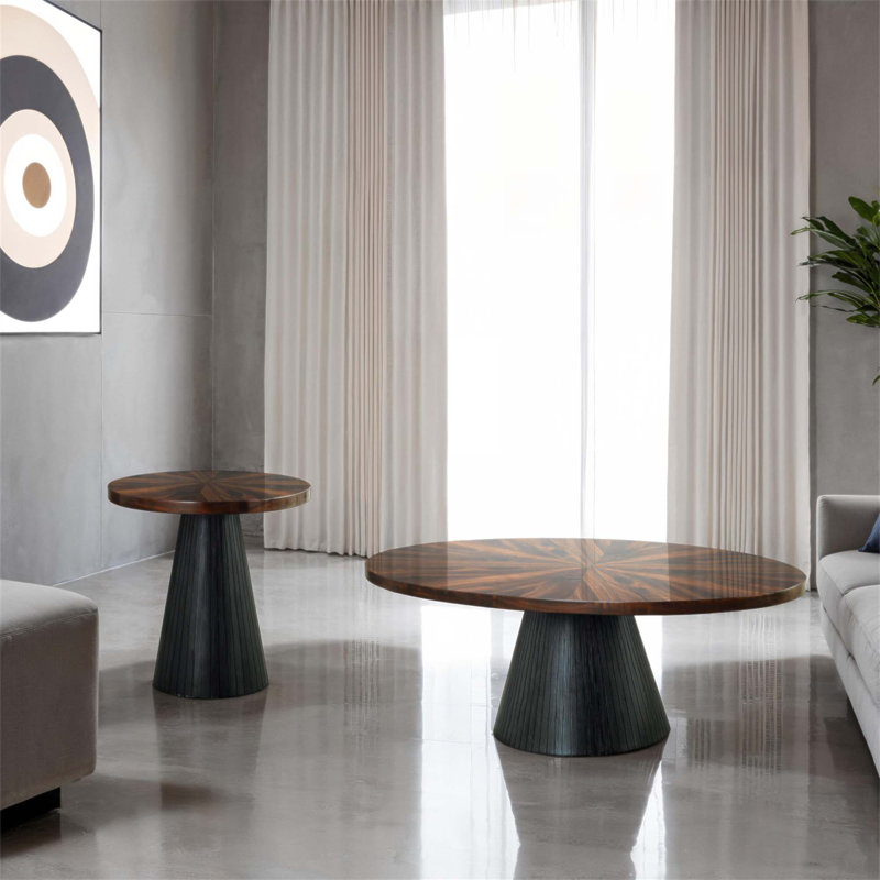 Table basse contemporaine contemporaine avec dessus de parquet ultrabrillant et base cylindrique pour les salons modernes