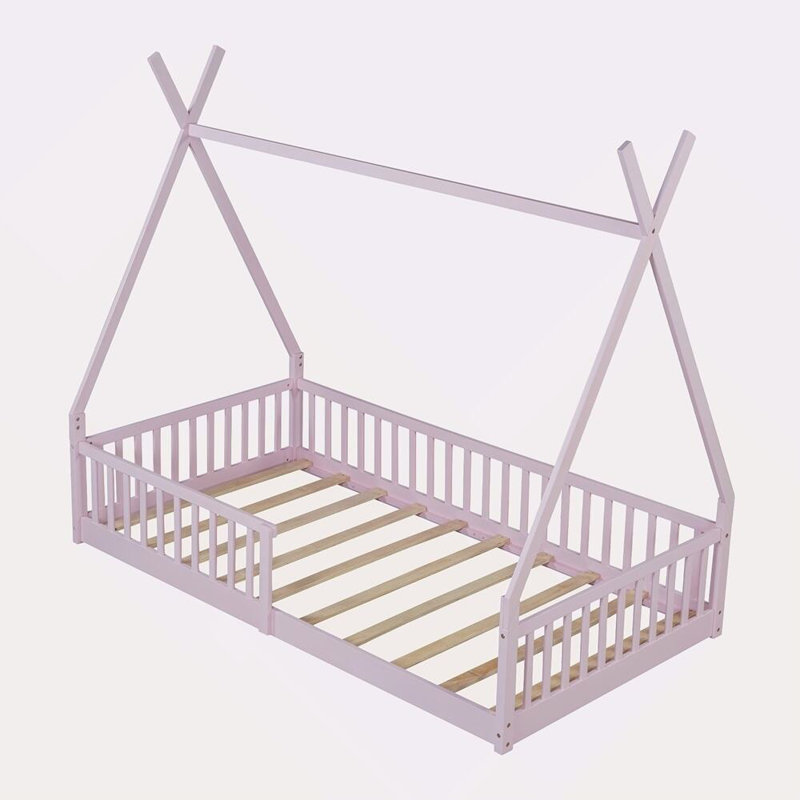 Lit maison en bois avec clôture Kitzie, Rose