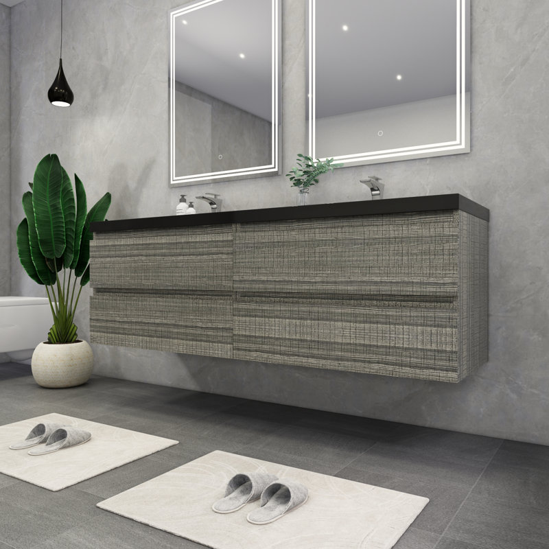 Kirker 72" Wall-Mounted Double Bathroom Vanity Set, Glossy Ash Gray