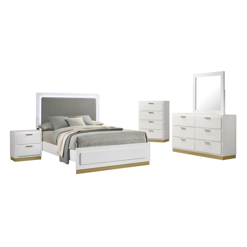 Ensemble de chambre à coucher rembourrée 5 pièces Fellicia, Blanc, Très grand