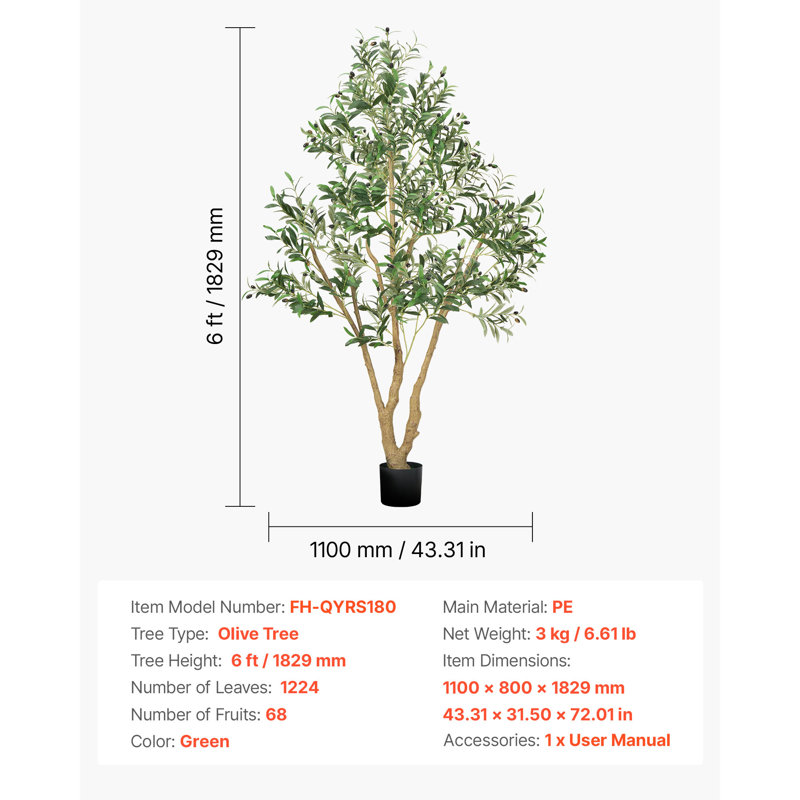 Faux Olive Tree Tree in Pot, 182.9cm H x 110cm W x 80cm D