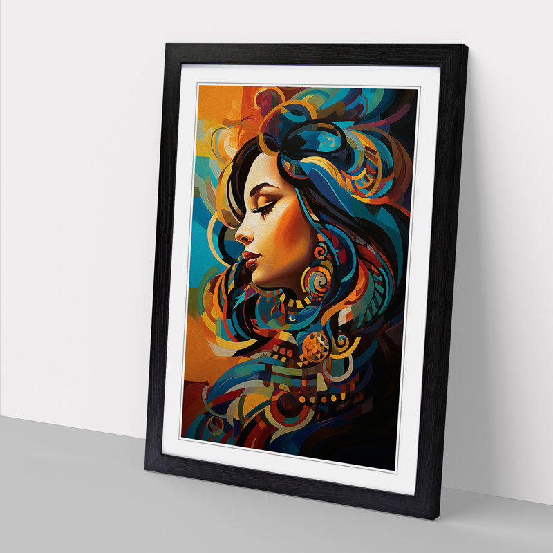 Indian Woman Orphism - Single Picture Frame Print on Wood, 64cm H x 46cm W x 2cm D, Black 