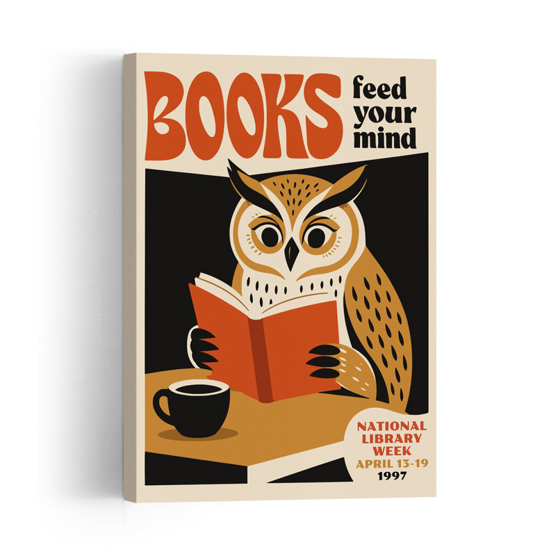 Affiche murale vintage représentant un hibou sage lisant un livre, style rétro, architecture de forêt., H 60 po x l 40 po