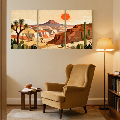 «Landscape & Nature Desert Landscape with Cacti and Mountain Sunset», ensemble de 3 impressions sur toile