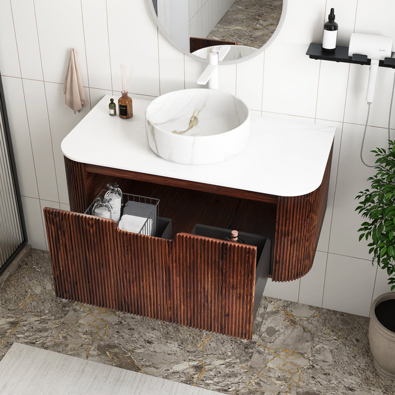 Meuble-lavabo mural avec plateau et tiroir, Noyer, Marbre, 36"