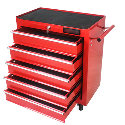 5 Drawer Garage Toolbox With Lock And Movable - Red Steel 5 Tool Cabinet Locking Manoeuvrable Storage In