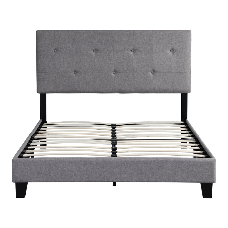 Full Size Modern Bed - Upholstered With Linen Button Headboard No Box Spring Needed Wood Slat Support Easy Assembly Style Grey Frame Look
