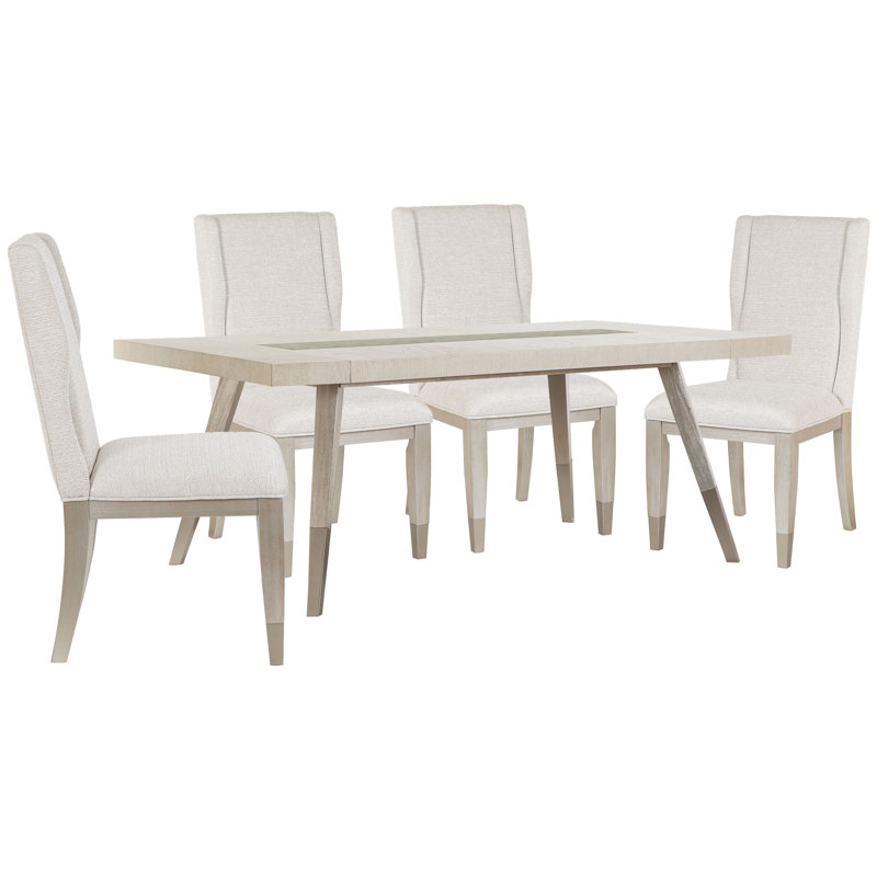 Extendable Rectangular Dining Table With 4 Host Chairs, White/Beige, 5 Pcs: Table, 4 Chairs