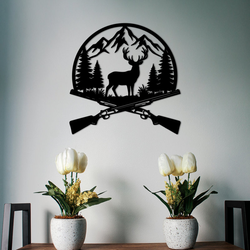 «Crossed Rifles», art mural chasse au chevreuil, 24" H x 18.8" W x 1" D, Black