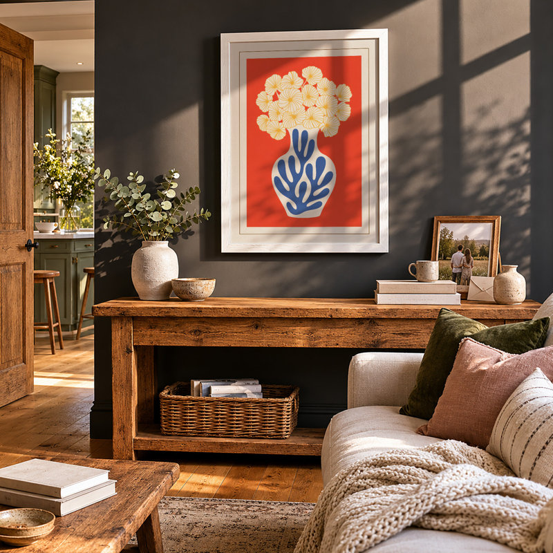 Floral Arrangement in Blue Mid-Century - Framed Print, A3 - 42.0 x 29.7 cm, White