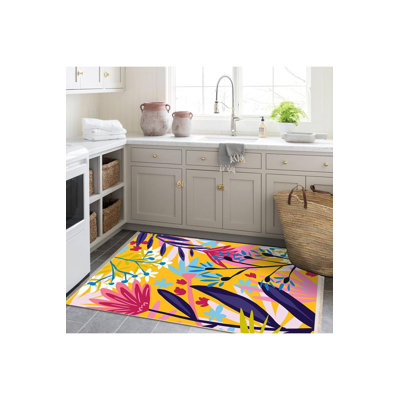 Multicolor Flowers and Leaves Pattern Modern Decorative Machine Washable Rug