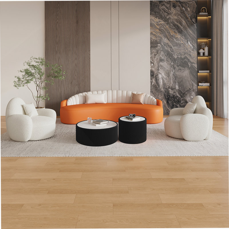 Table basse moderne en cuir clair avec plateau en marbre, Noir