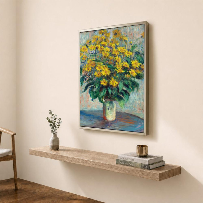 Fleurs d'artichauts de Claude Monet - Graphisme sur toile, H 48 po x l 36 po, Cadre plat flottant, Champagne