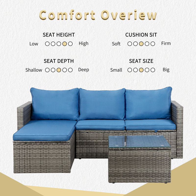 Harbaugh Wicker 3 - Person Patio Conversation Set with Cushions, Blue/Light Gray
