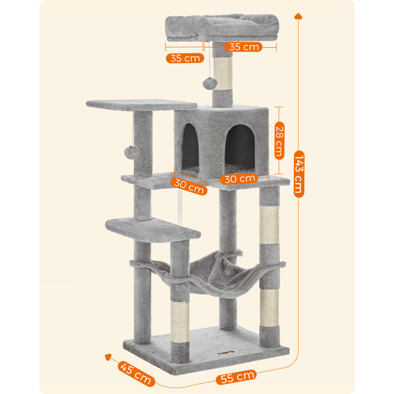 143cm H Cat Tree, Light Grey, 143cm H x 55cm W x 45cm D