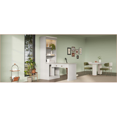 Bibliothèque avec bureau, hauteur moderne de 83,4 po, éclairage DEL, tablette réglable et amp; Tiroir de rangement | Blanc | Bois massif et panneau de fibres à densité moyenne