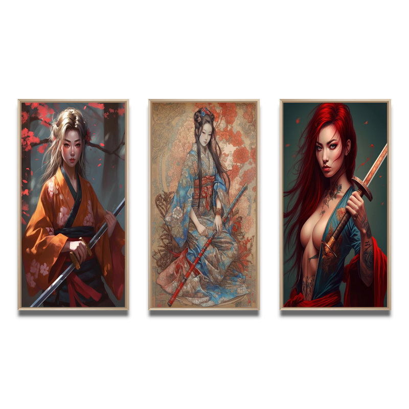 «Fierce Samurai Girl», 3 pièces sur toile, Cadre naturel flottant, H 28 po x l 36 po