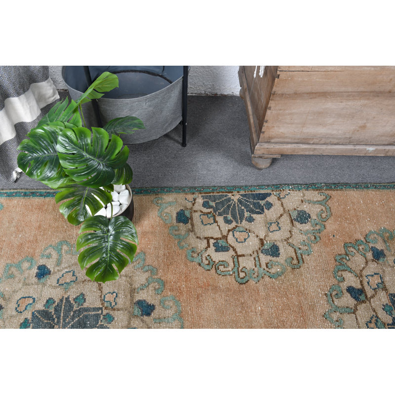 Tapis turc beige Oushak rétro idéal pour la cuisine, les escaliers et les planchers - Tapis de couloir antique 12553 - beige / vert