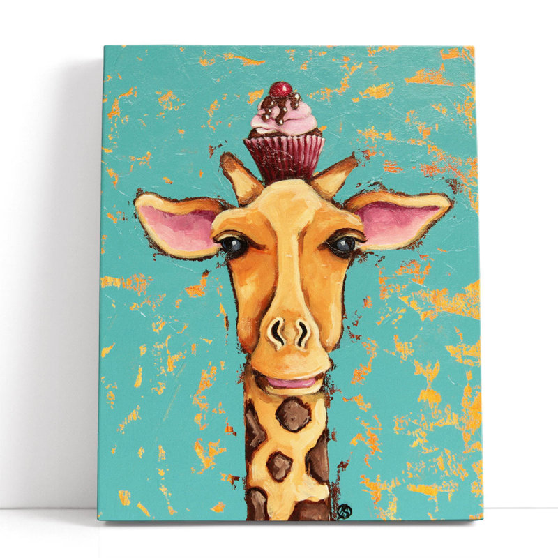 Girafe avec cerise sur le dessus - reproduction d'art sur toile, H 30 po x l 24 po