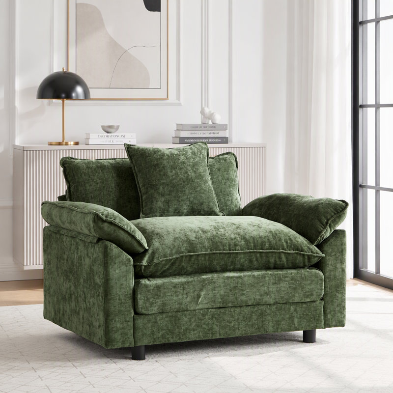 Modern Accent Chair, Chenille Fabric Club Chair, Solid Wood Frame, Tissu vert, Non
