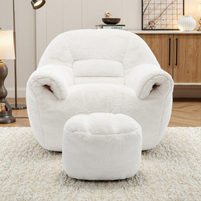 Compression 42.5" WVelvet Adult Bean Bag Chair Storage Armrest With Ottoman, Ivory Velvet