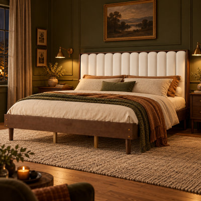 King Size Wood Bed with Piano Key Style Upholstered Headboard and Strengthened Bed Frame, Walnut