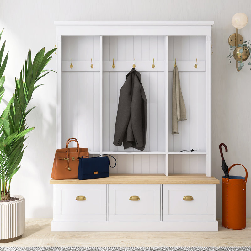 Farmhouse Hall Tree Entryway Organizer With Storage Bench, White