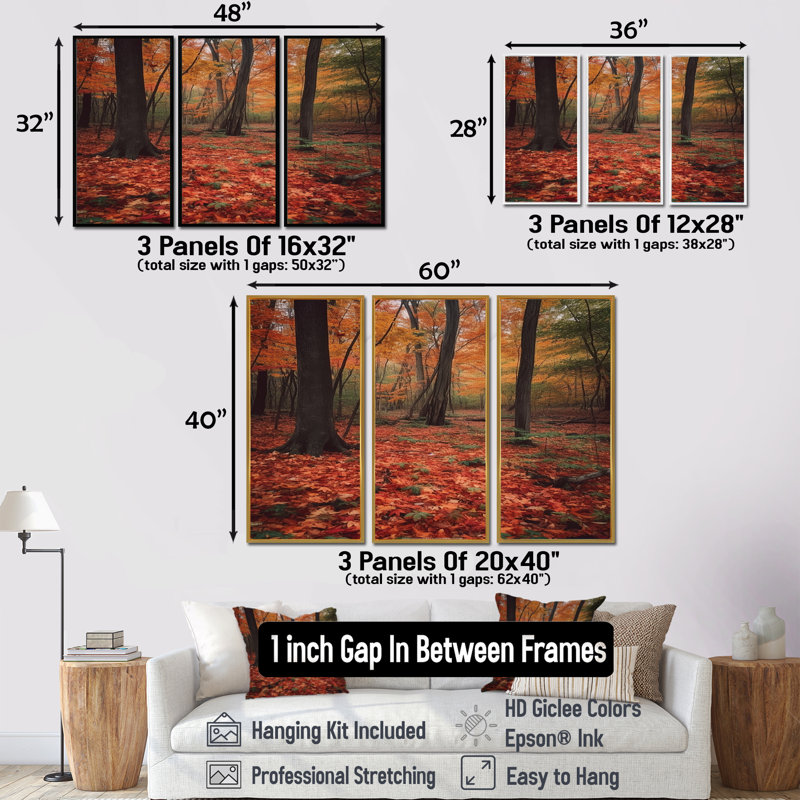 Feuilles d'automne dans la forêt d'érable - ensemble de décoration murale arbre séquoia, Cadre flottant noir