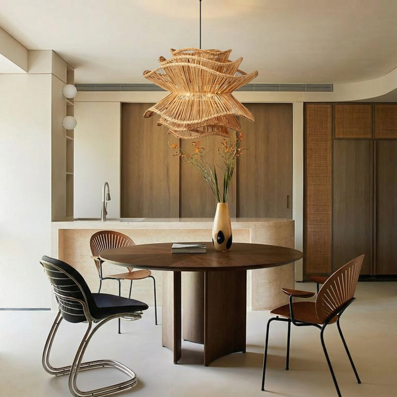 1-Light Pendant Lights Brown Flower Rattan, 15.74" H x 15.74" W x 15.74" D