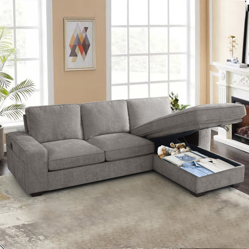 Mahwah 98'' Chenille Square Arm Sofa L-Shape Convertible Sectional Couches Sofas with Storage Chaise, Gray