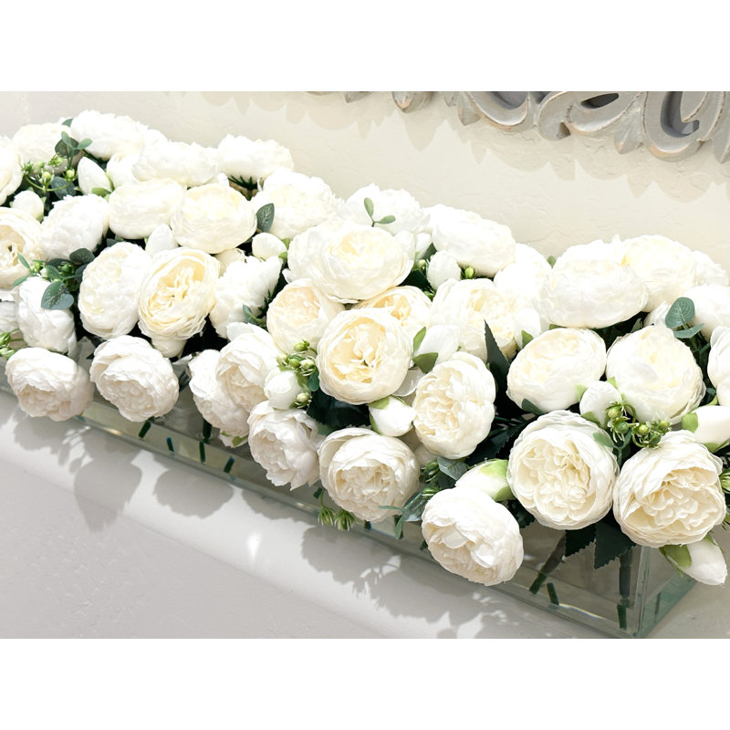 Modern Long Peony Arrangement Artificial Faux Centerpiece , White