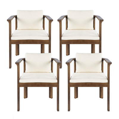 Ensemble de 4 chaises de salle à manger d'extérieur avec accoudoirs courbés en bois d'acacia, finition brune et coussins crème