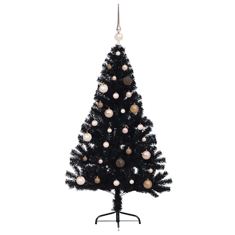 4.92' H Lighted Artificial Christmas Tree, Black, 150 cm, with 60 Rose Gold Balls