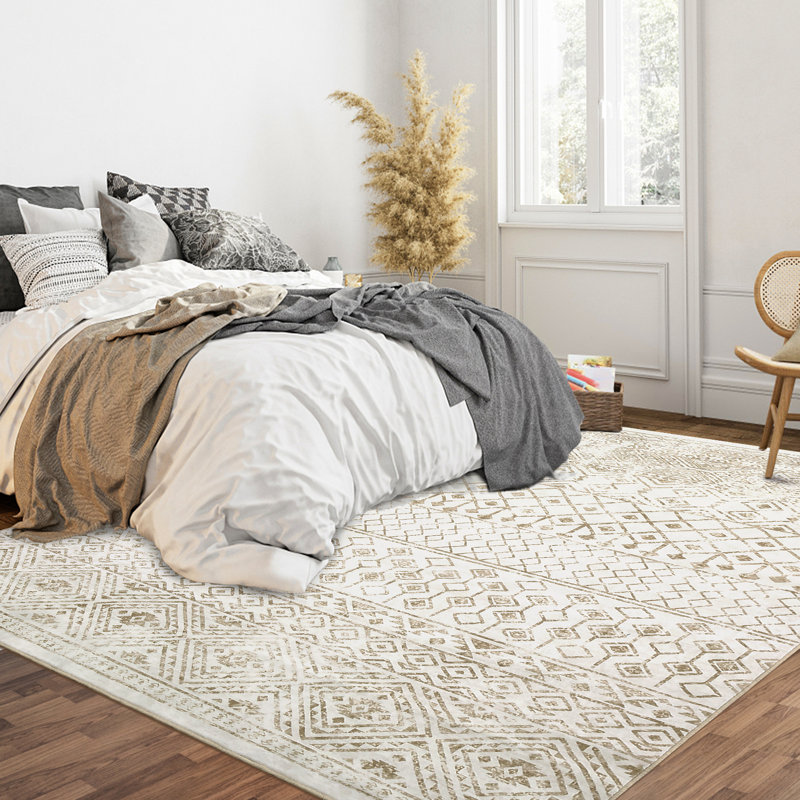 Tapis de chambre à coucher lavable à motif géométrique doux et antidérapant, Rectangle 9 pi x 12 pi