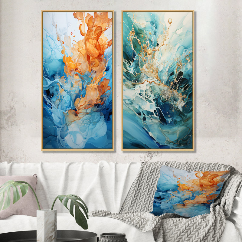 «Aqua Dream Rush Flow II», ensemble de 2 reproductions d'art sur toile, H 28 po x l 25 po, Encadrement brun