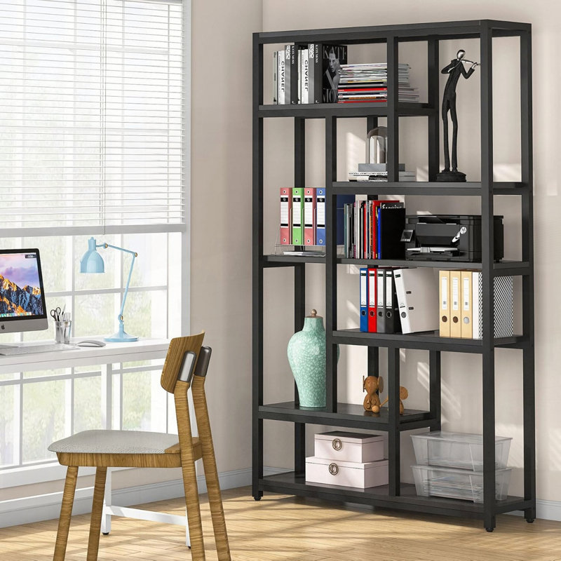 Seven-Tier Industrial Etagere Bookcase with Staggered Shelves, Black