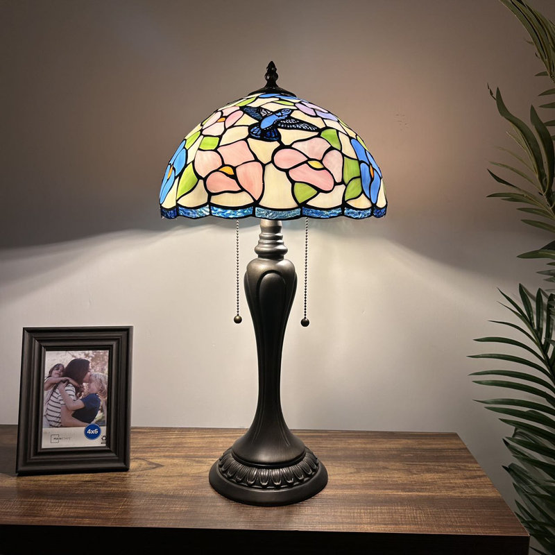 Spitzer Tiffany Table Lamp Hummingbird Flowers Pink Blue Stained Glass Included LED Bulbs H22"