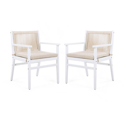 Ensemble de 2 chaises de salle à manger d'extérieur, fauteuil en bois d'acacia avec dossier en corde et coussin hydrofuge, structure blanche, capacité de poids de 400 lb