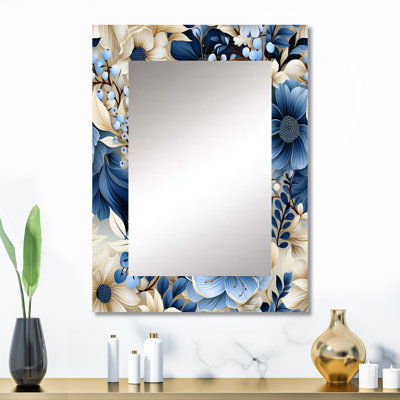 Battersby blanc et bleu motif renoncule de faune - grand miroir floral, miroir mural décoratif floral, impression d'art en métal