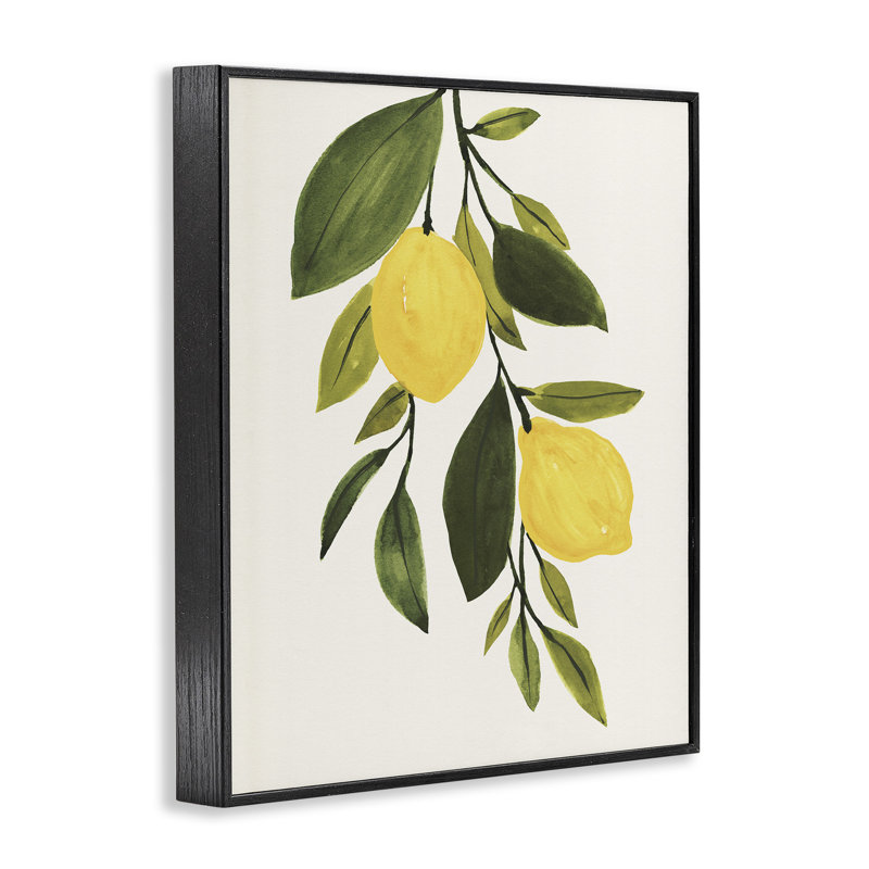 Simple citron jaune à feuilles d'agrumes par Annie Warren - Peinture, H 30 po x l 24 po, Giclée encadrée noir minuit