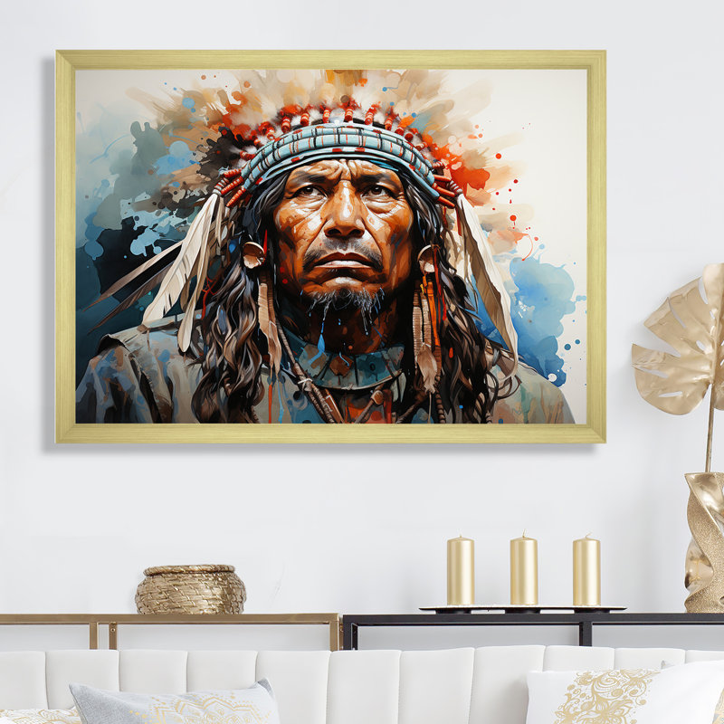 «Native Apache Warrior» sur toile, Cadre photo noir, H 16 po x l 32 po