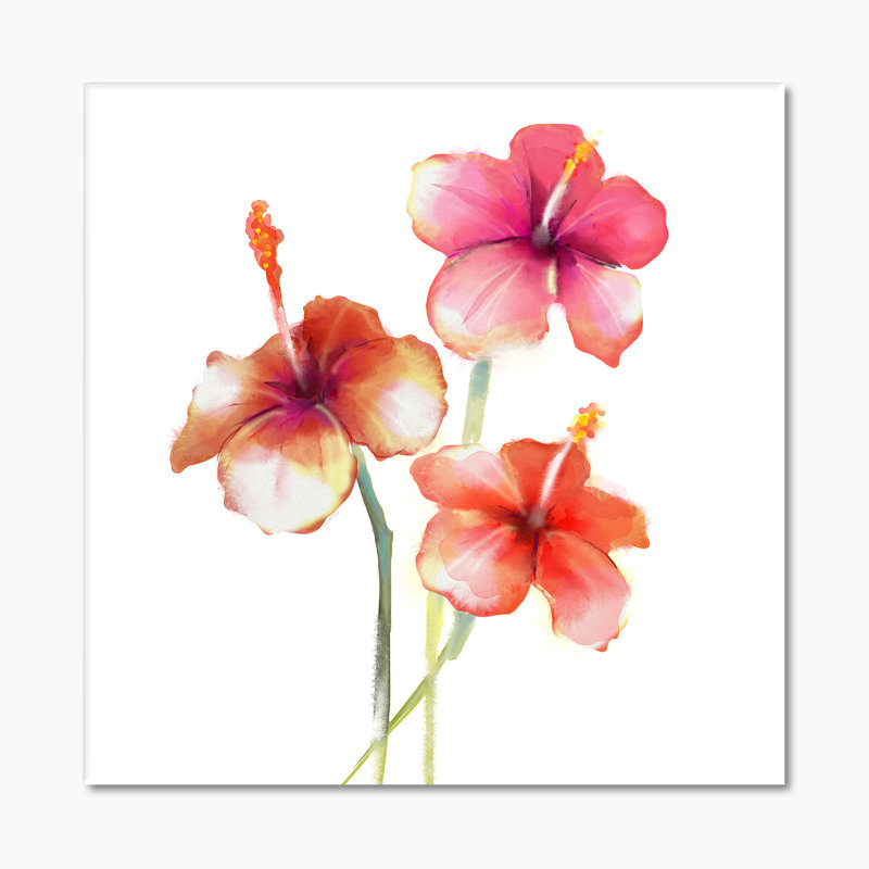 Red Hibiscus Flowers - reproduction de cadre photo sur toile, H 16 po x l 16 po x P 1 po, Toile tendue