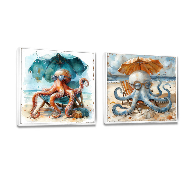 Pieuvre sur la plage à Hawaï I - décoration murale pieuvre / calmar - art mural moderne 2 pièces, H 30 po x l 61 po, Blanc