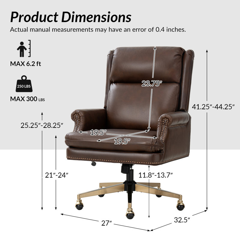 Eulalia Transitional High-Back Genuine Leather Executive Office Chair with Nailhead Trim and Tilting Function, Chocolat