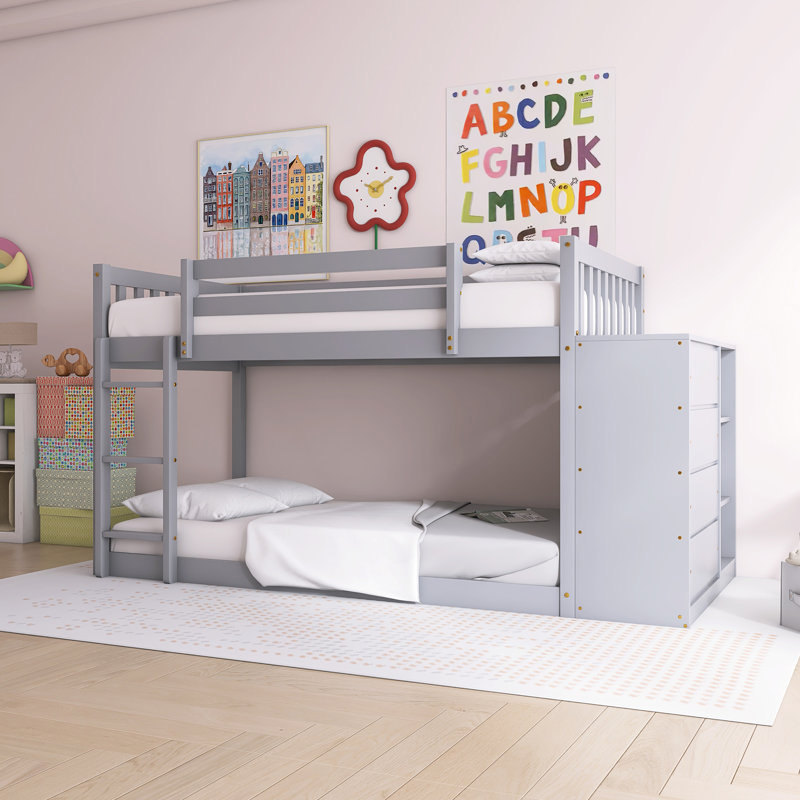 Lit superposé avec 4 tiroirs et 3 tablettes, Gris, Simple